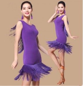 Purple violet black red hot pink fuchsia royal blue Women's deep v see through back sleeveless fringes competition performance practice professional latin salsa samba dance dresses outfits for ladies